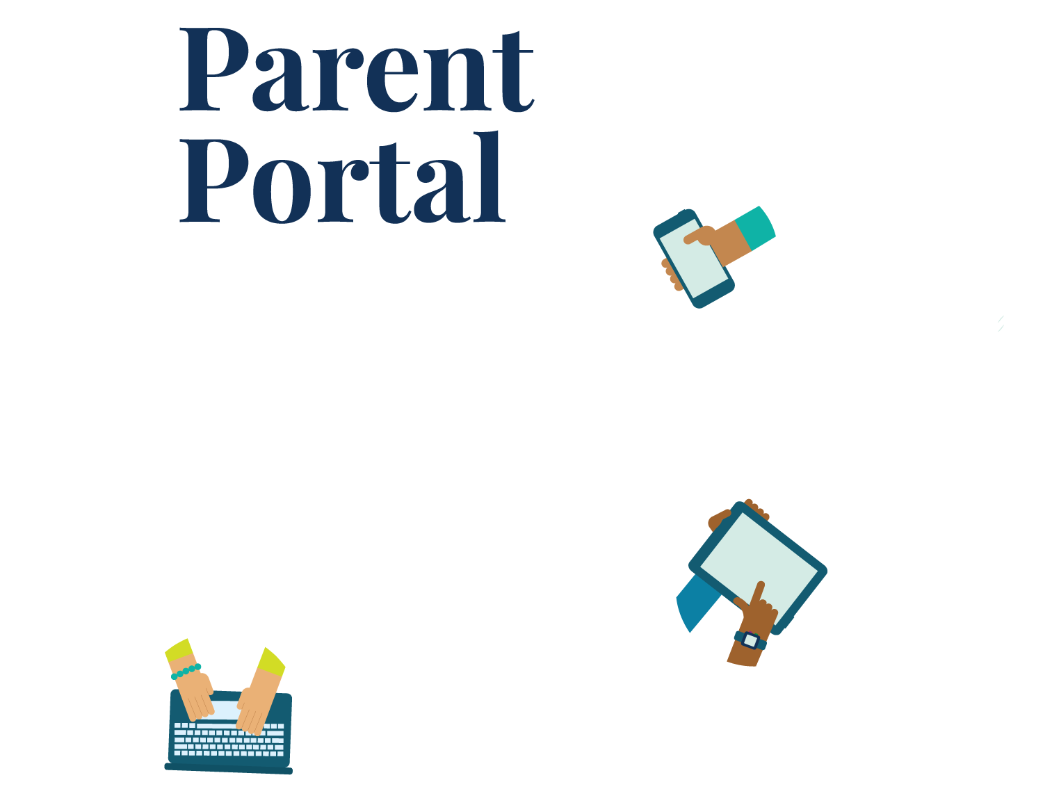 Hands holding computers, tablets, and phones.